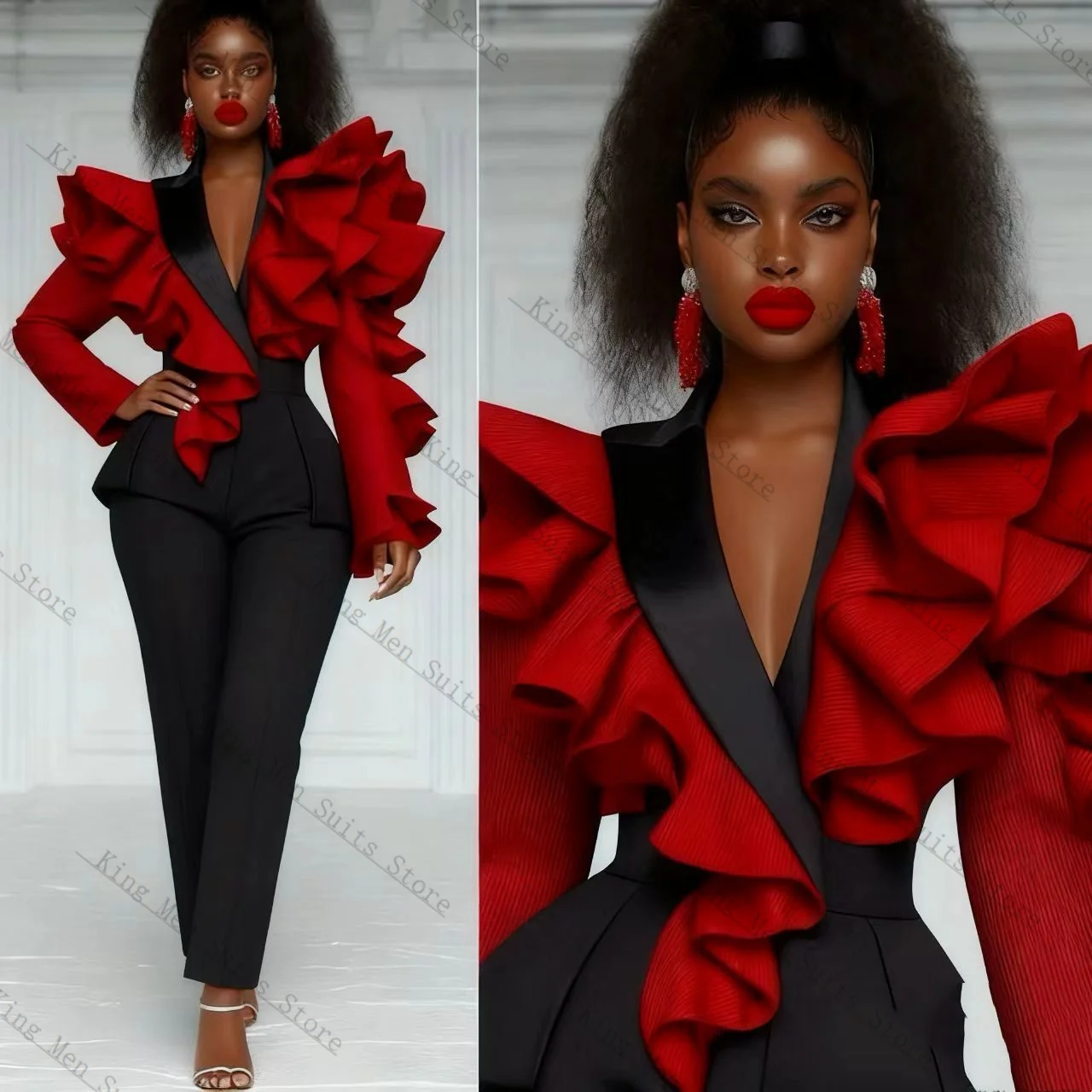 Abito da donna rosso nero Set 2 pezzi Blazer + pantaloni Pantaloni con volant Spalla Giacca da smoking da matrimonio formale personalizzata per ospiti