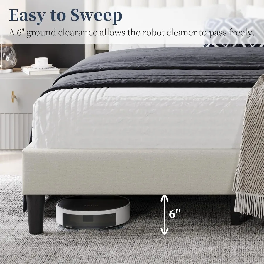 إطار سرير كوين سرير بمنصة منجدة مع لوح أمامي من القماش تصميم حافة جناح شرائح خشبية غير قابلة للانزلاق وخالية من الضوضاء تدعم رقم B