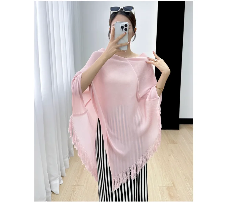 

HOT SELLING women's pleated three quarter solid o-neck Tassels t-shirt IN STOCK