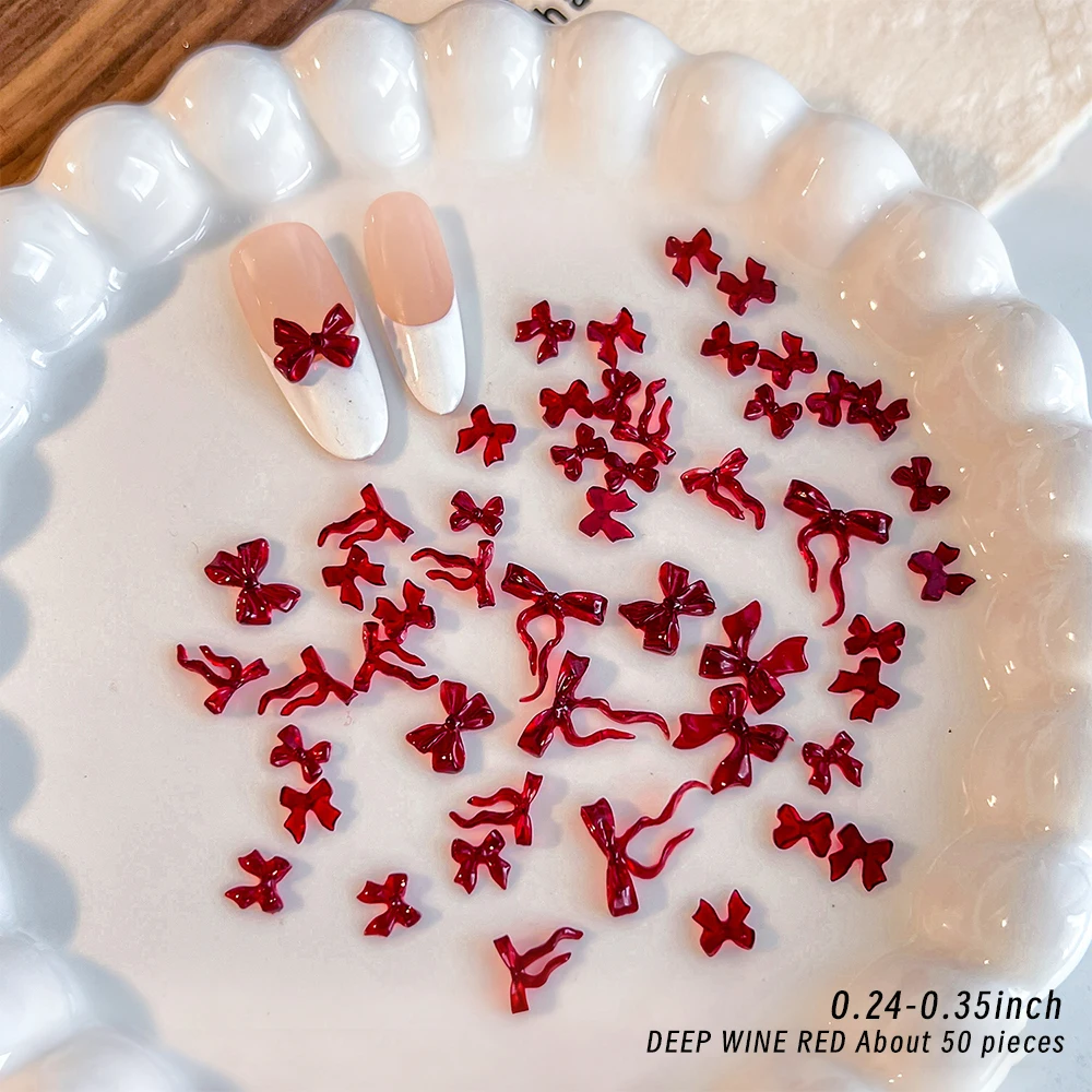 50個入り 3Dミックス クリスマス レッドリボン ゼリーボウ ネイルチャーム 6-10mm アイス透明 レッドボウノット ネイルアート DIY ウィンターボウ ネイルパーツ