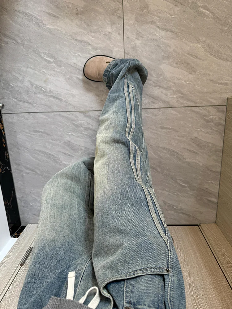 Jeans con giunture a righe americane High Street da donna Primavera Autunno Design Pantaloni larghi a gamba dritta retrò allentati alla moda