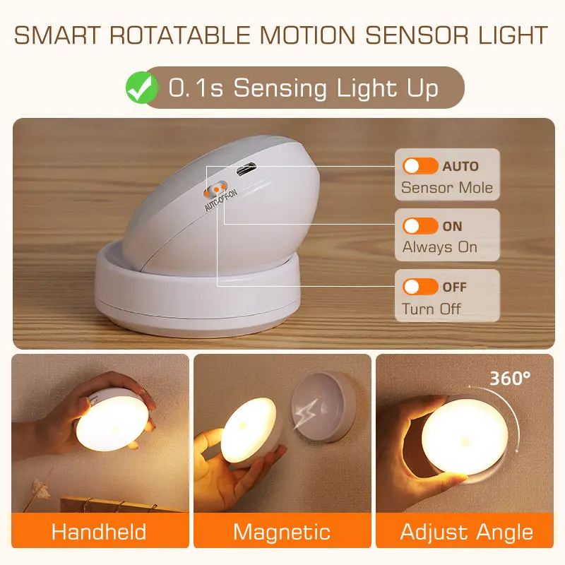 Motion Sensor Light 360° Rotate Night Light Magnet Wall Lamp USB Rechargeable Nightlight for Staircase Cabinet Corridor Bedroom