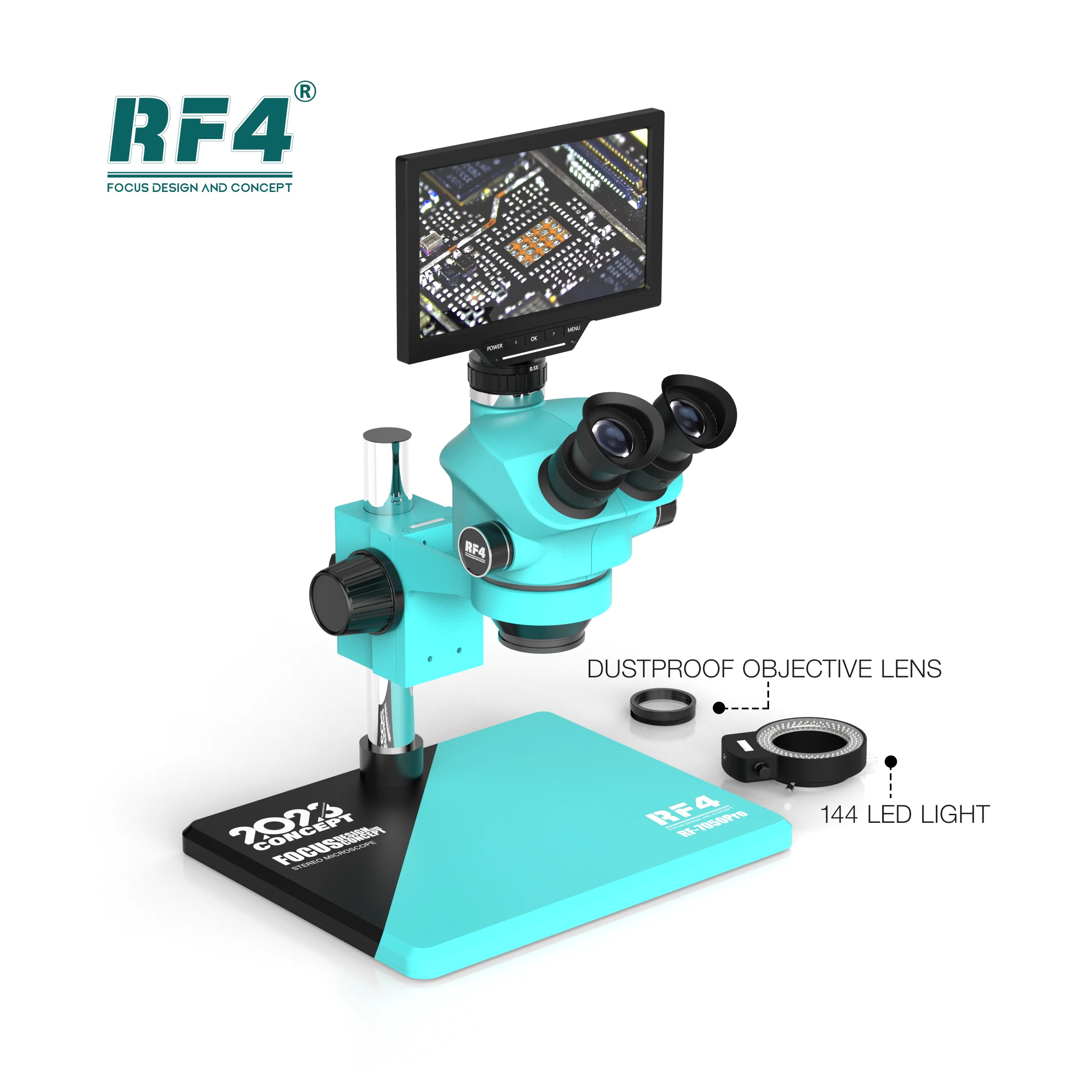 RF4 najnowsza aktualizacja mikroskopu RF7050PRO-YS010W 16MP HDMI 10-calowy duży ekran Zoom z trzema obiektywami precyzyjny lupa wideo blokady