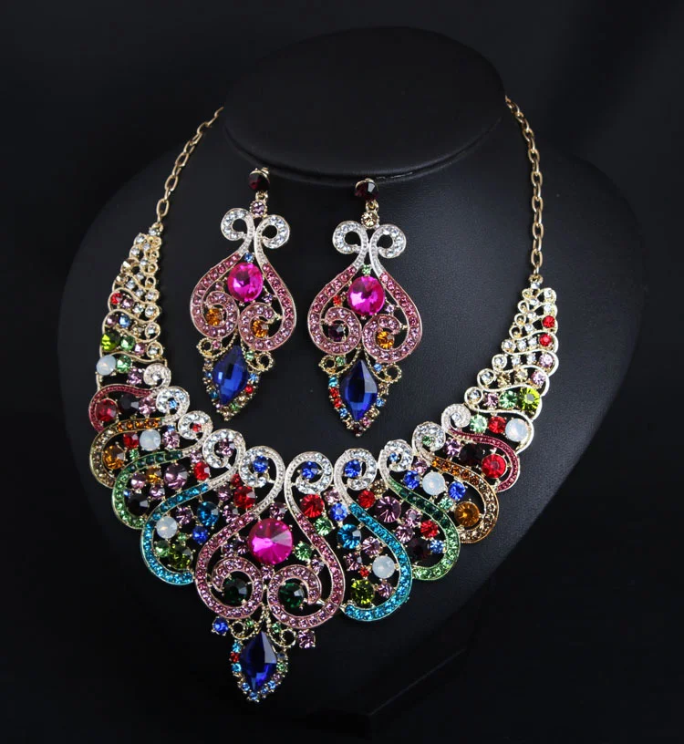 

Colorful gemstone short choker necklace and earrings set - formal evening gown bridal women's accessories