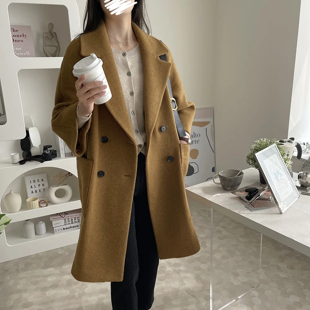 

QPP Thiened Woolen Coat Commute Ready Versatile Slim Fit Suit Collar Korean Sle Long Sve Mid-Length Winter Coat