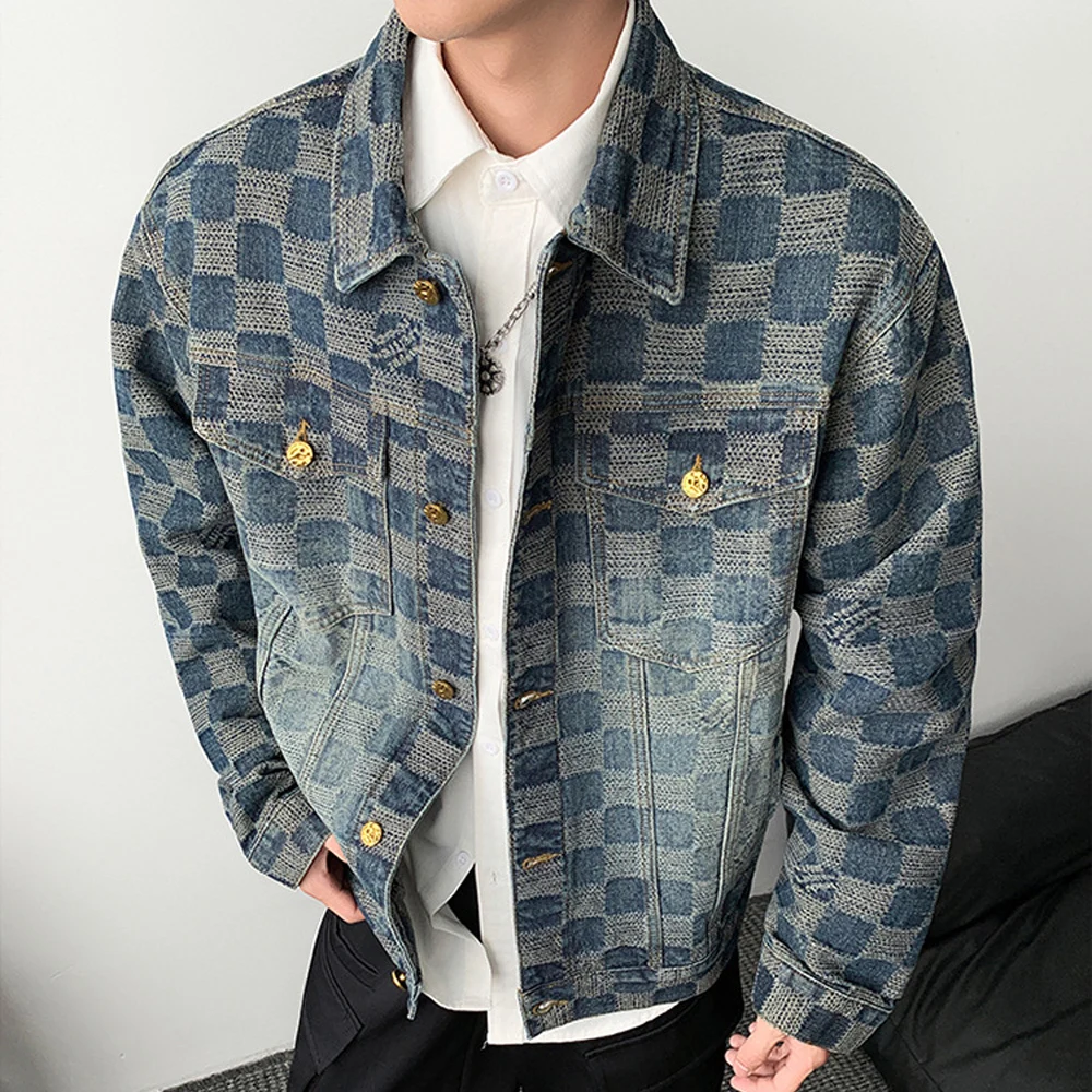 Men's Plaid Denim Jacket Vintage Patchwork Jean Jacket Casual Button Up Jacket Streetwear Spring Autumn