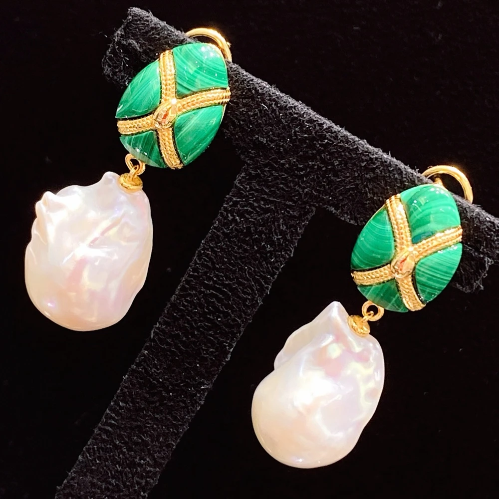 KQDANCE New Natural Freshwater Baroque Pearls Malachite Green Gemstone Drop Earrings  Solid 925 Silver Women's Fine Jewelry