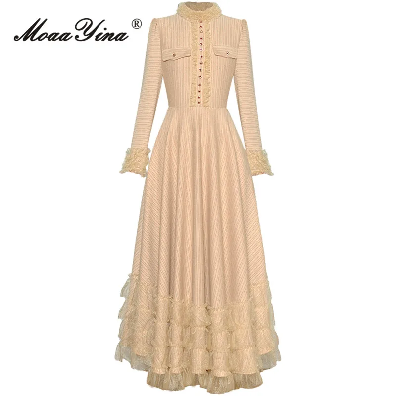 

MoaaYina Autumn Fashion Runway Beige Vintage Dress Women Stand Collar Long Sleeve Button Mesh Ruffles High Waist Slim Long Dress