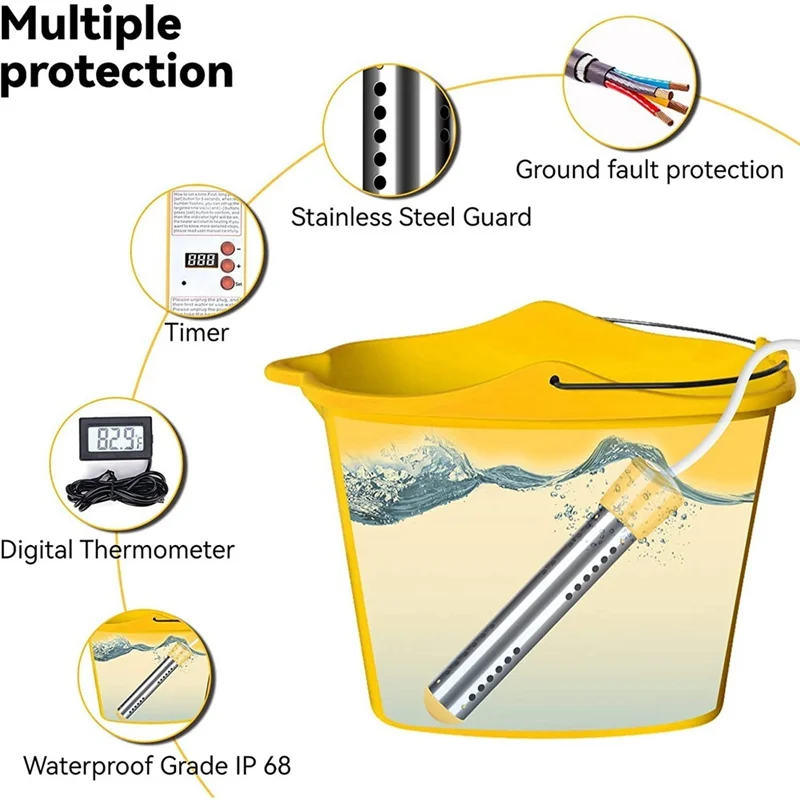 Calentador de agua de inmersión ABYN, calentador de agua sumergible eléctrico de 1500W con temporizador, cubierta protectora de acero inoxidable