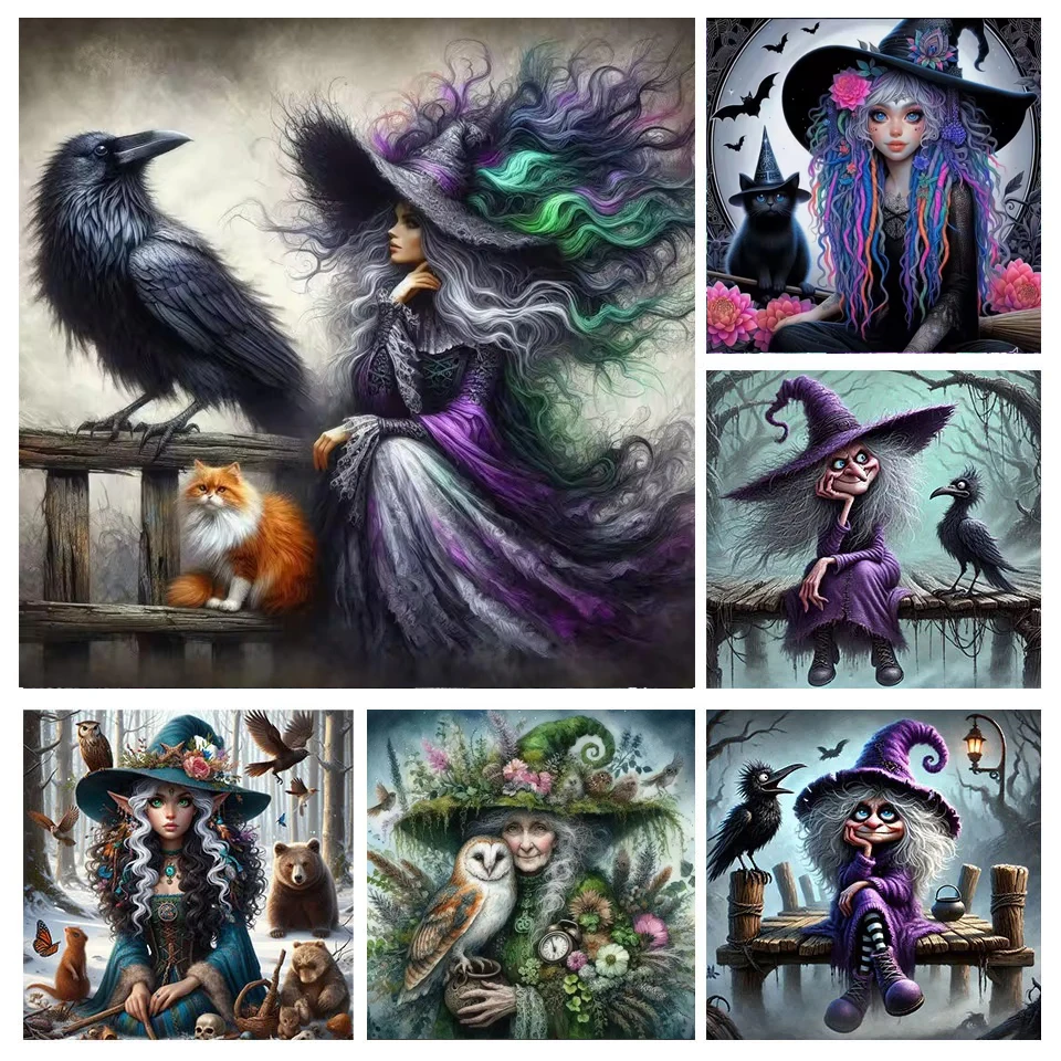 

5D Diamond Painting Art Witch Lady and Cat DIY Full Square Round Drill Mosaic Halloween Girl Craft Supplies Embroidery