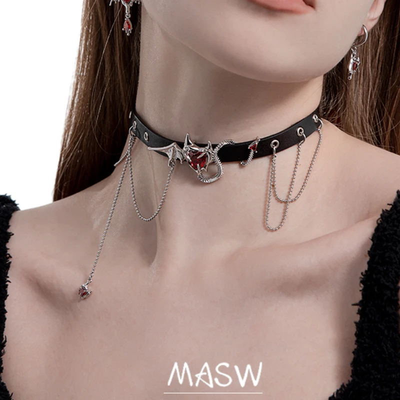 

MASW Original Design Black Leather Necklace Halloween Party Gift Cool Jewelry Red Heart Tassel Choker Necklalce For Women Girl