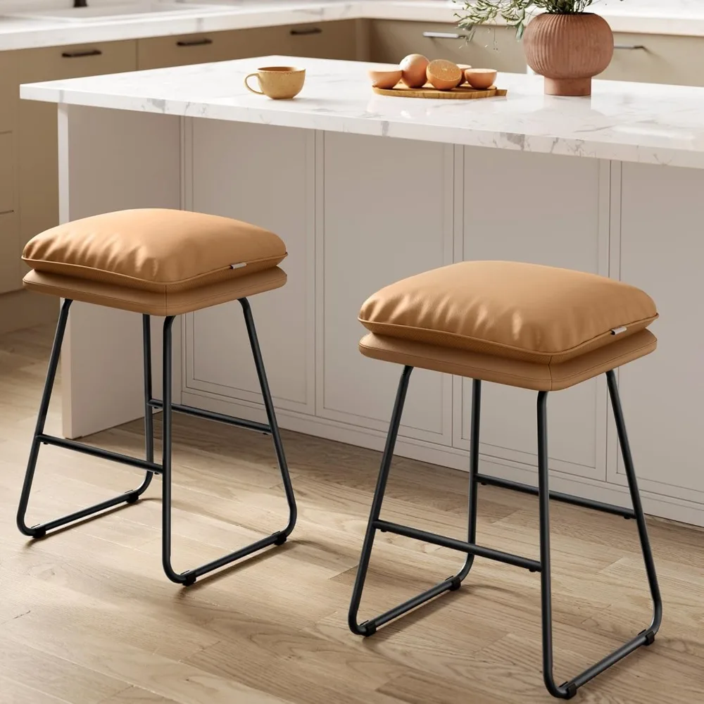 

Bar Stools Set of 2, Counter Height Bar Stools, Leather Counter Stools Barstools with Soft Cushion and Metal Sled Legs,