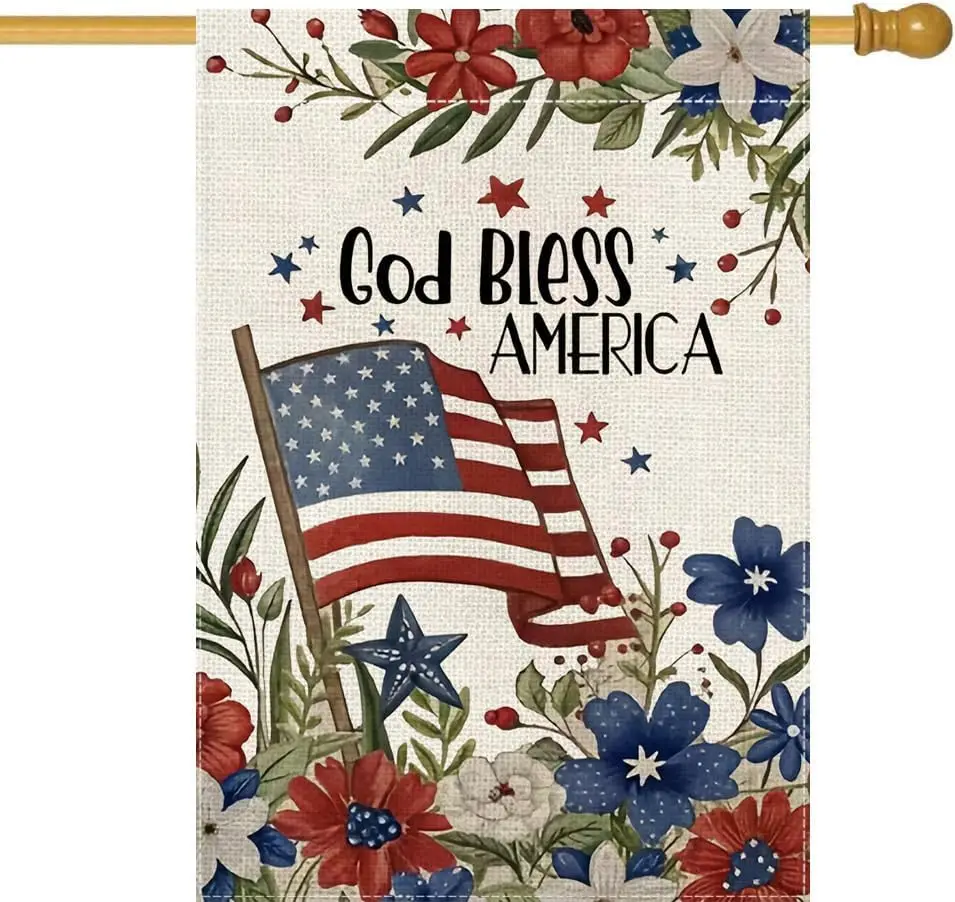 God Bless America House Flag 28 x 40 Inch Welcome 4th of July Patriotic Floral Vertical Double Sided Flag for Outdoor Annive PPZ