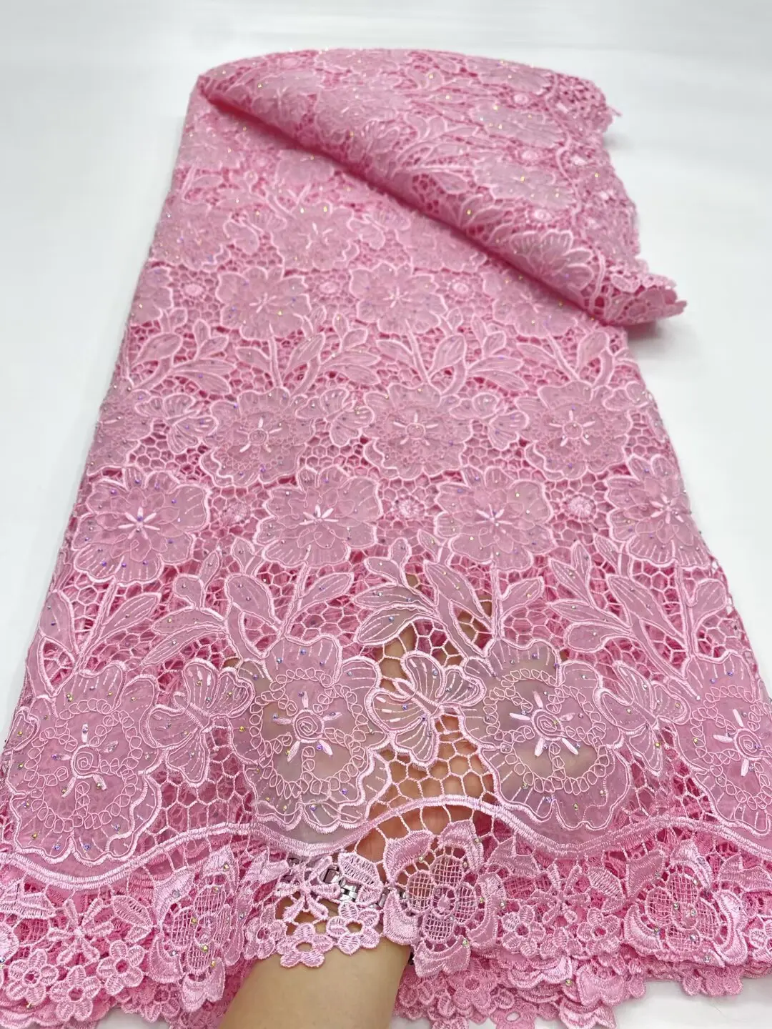 

(5yards/pc) High quality pink African cord lace 2025 newest embroidered guipure lace fabric with stones for party dress WDP018