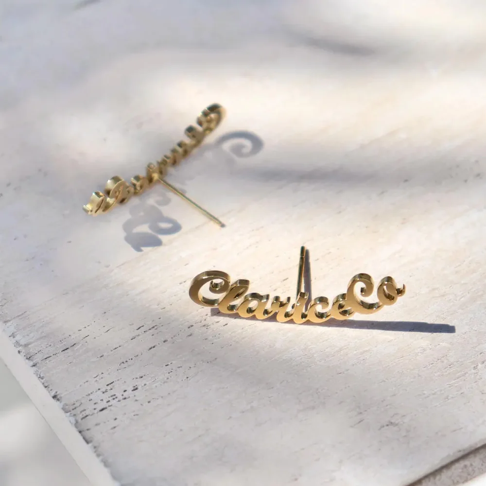 Haiyufly Personalized Custom Name Stud Earring for Women Girls Script Letter Earrings Stainless Steel Mother Kids Jewelry Gift