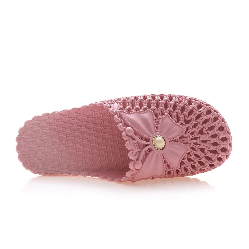 Women Hollow Out Closed Toe Versatile Slippers Summer Non Slip Soft Sole Bow Pearl Decor Casual Slides Indoor Outdoor Beach Wear