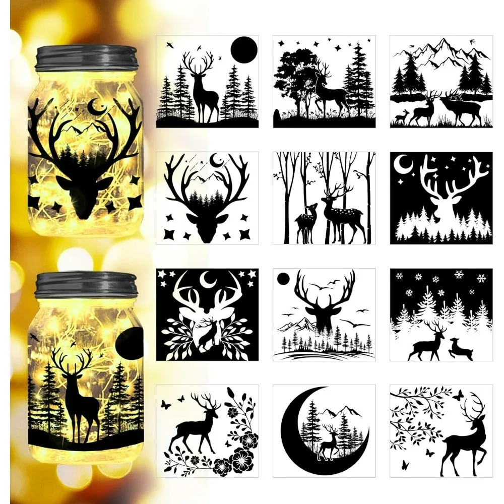 Wild Deer and Tree Silhouette Cutouts for Jars Mason Can Glass Wishing Bottle Decor(No Stickers) 12Pcs Reusable Silhouette