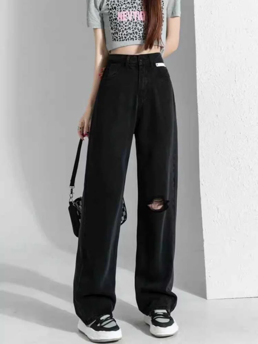 

plus Size Women's Distressed Denim Jeans High Waist Wide Leg Black Spring Autumn New Style Floor Length Trousers Casual Pants