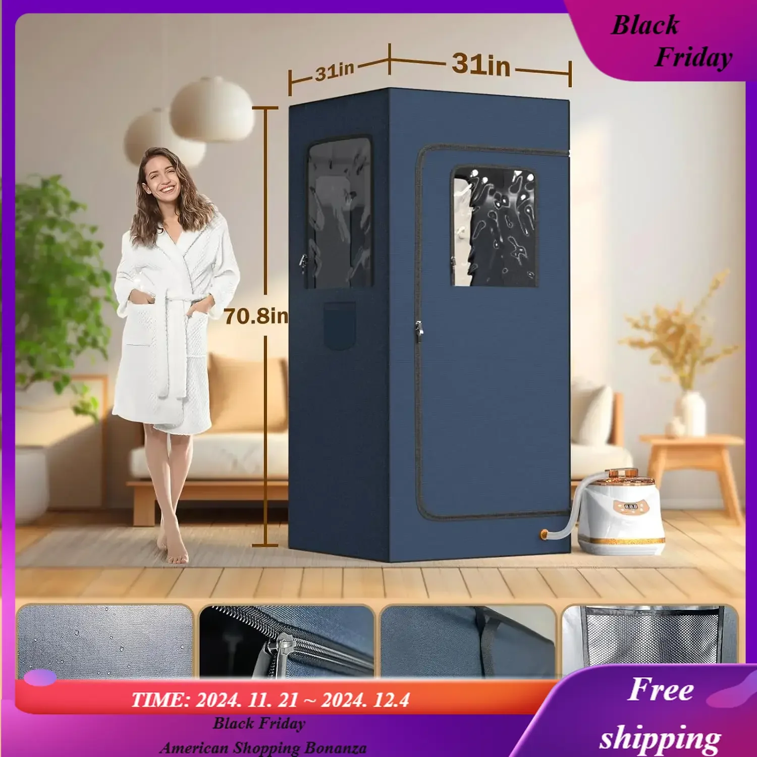 Home Steam Sauna Box, Full Size 600D  Tent with 3L & 1500 Watt Steam Generator, Portable Indoor Personal Relaxation