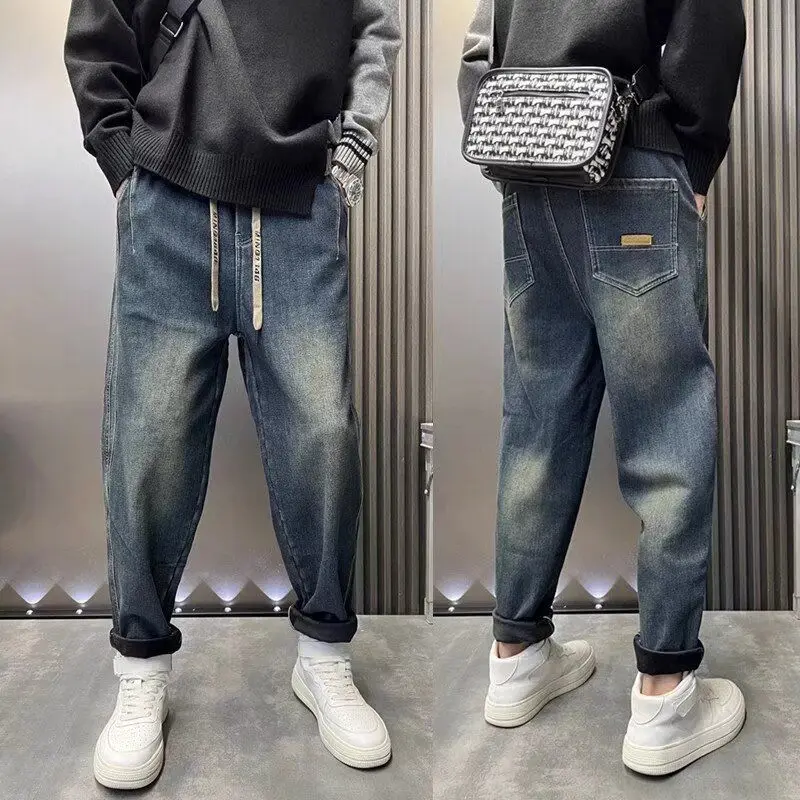 

Мужские джинсы с широкими штанинами, весна 2024, повседневные свободные прямые брюки-трубы, молодежные модные универсальные повседневные брюки