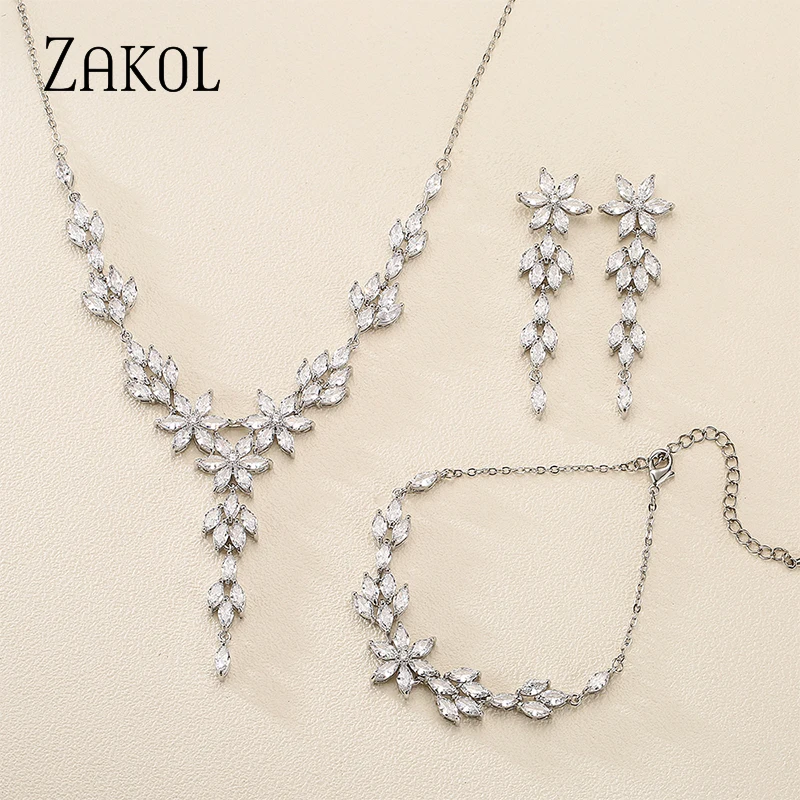 ZAKOL Shiny White Cubic Zirconia Flower Long Dangle Earrings for Women Luxury Bridal Wedding Jewelry