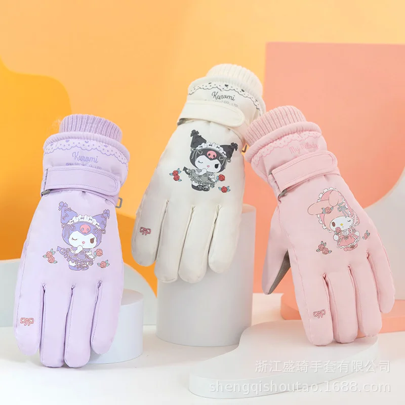 Kawaii Sanrio Cartoon Children Gloves Cute Anime Kuromi My Melody Autumn Winter Padded Warm Ski Gloves Girls Christmas Gift Toys