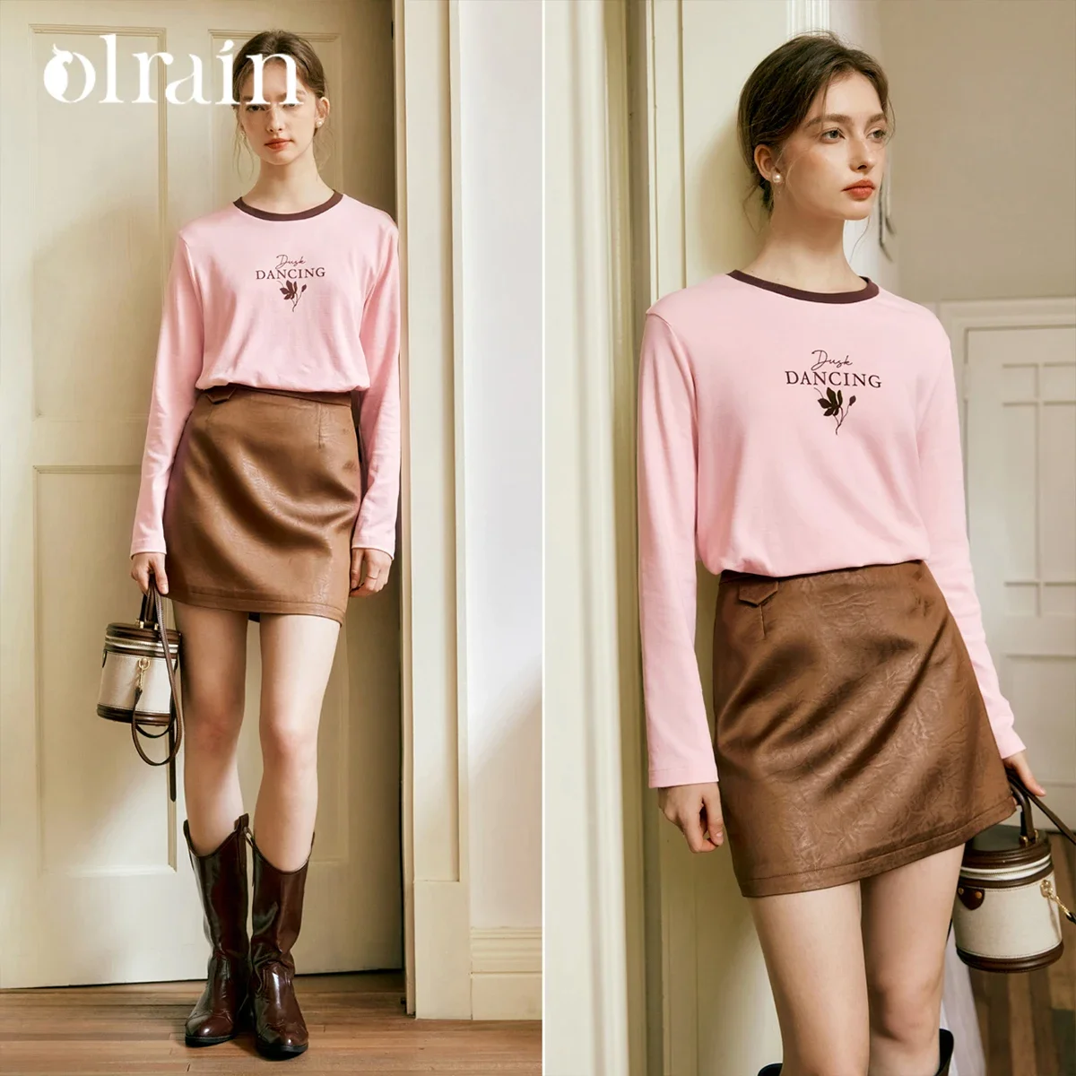 OLrain ニット Tシャツ 2025 春 ルーズコットン スプライスプリント クルーネック 長袖 通勤 Tシャツ 女性服 M56QT93135