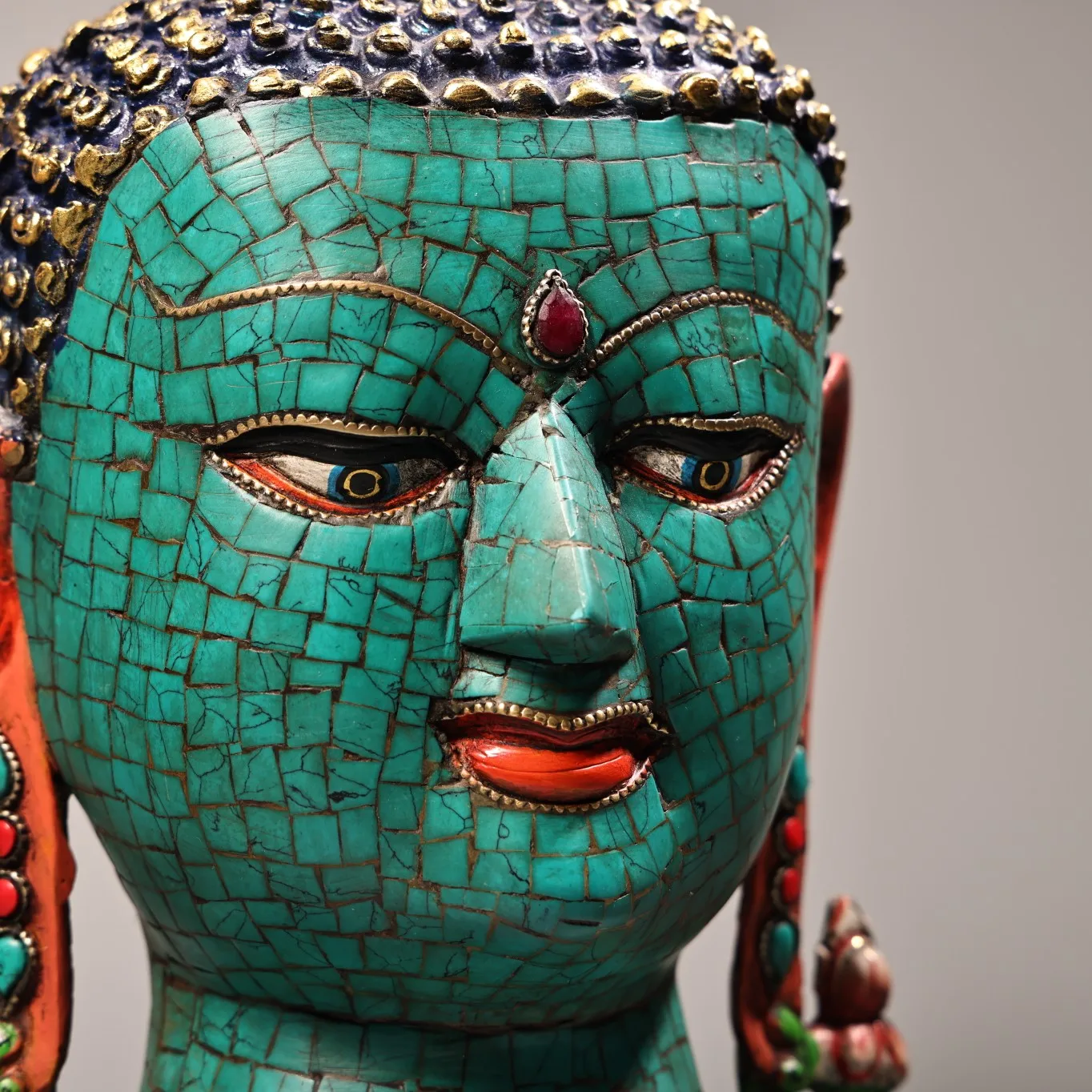 

9"Old China Collections Old Bronze Painted Outline in gold Mosaic Gem Turquoise Shakyamuni Buddha Head Amitabha Worship Hall