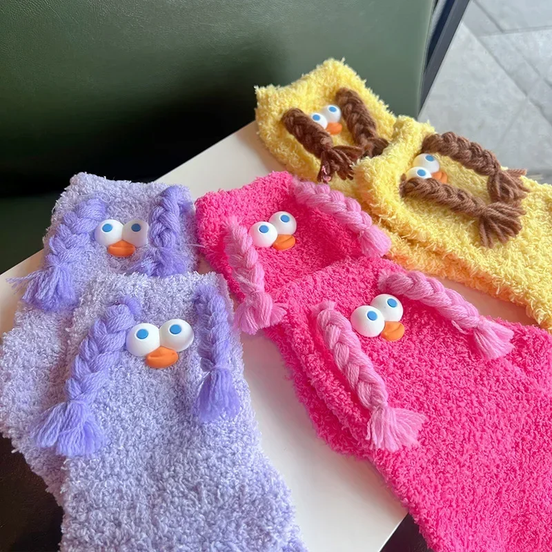 Cartoon Mink Plush Socks Winter Coldproof Home Sleeping Socks Kawaii Funny Fluffy Socks Women Girl Thickened Warm Stocking