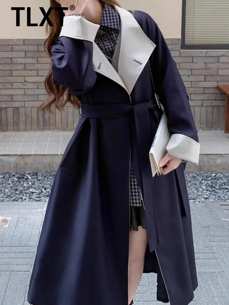 

TLXT Элегантный женский плащ контрастного белого цвета с воротником с лацканами и длинными рукавами, стильная верхняя одежда свободного покроя, новинка осени 2023, XK1636