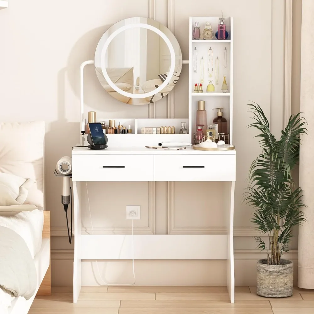 

Vanity Makeup Desk with Round Mirror and Lights, Charging Station, 2 Storage Drawers, Easy To Assemble, Dressing Table