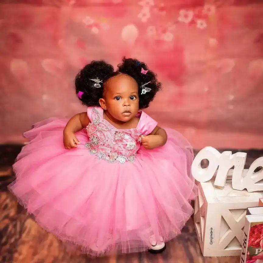 Vestidos de flores rosas brillantes para boda, cuentas brillantes sin mangas, vestidos escalonados para sesión de fotos, vestidos de fiesta de primer cumpleaños para niños