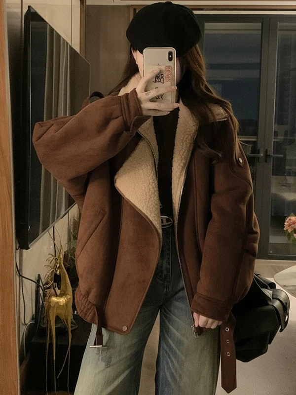 

Женская куртка из замши с мехом ягненка большого размера, осень-зима 2022, новое винтажное высококачественное бархатное верхнее пальто из ягненка