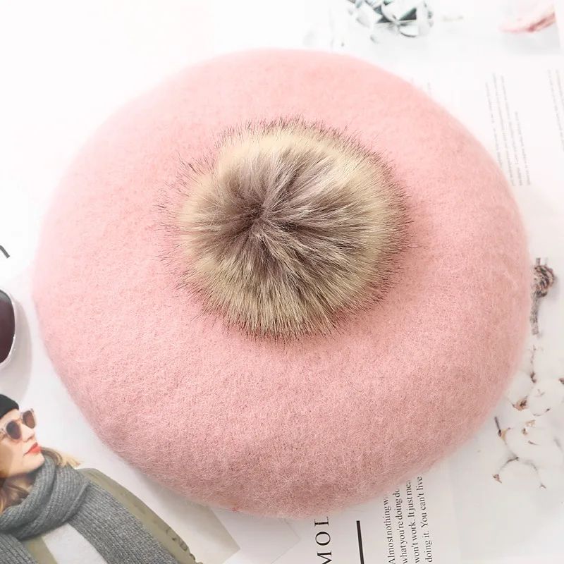 Children Girls Cute Thick warm wool beret hat Winter girls kids pom pom berets cap Artist hat Pumpkin hat