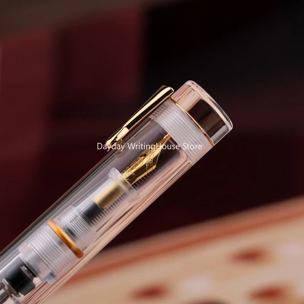 Imagem -04 - Mahohn Vacuum Filling Fountain Pen ef f m Longo Faca Nib Resina Transparente Golden Prata Clip Demonstração Escrita Presente v1