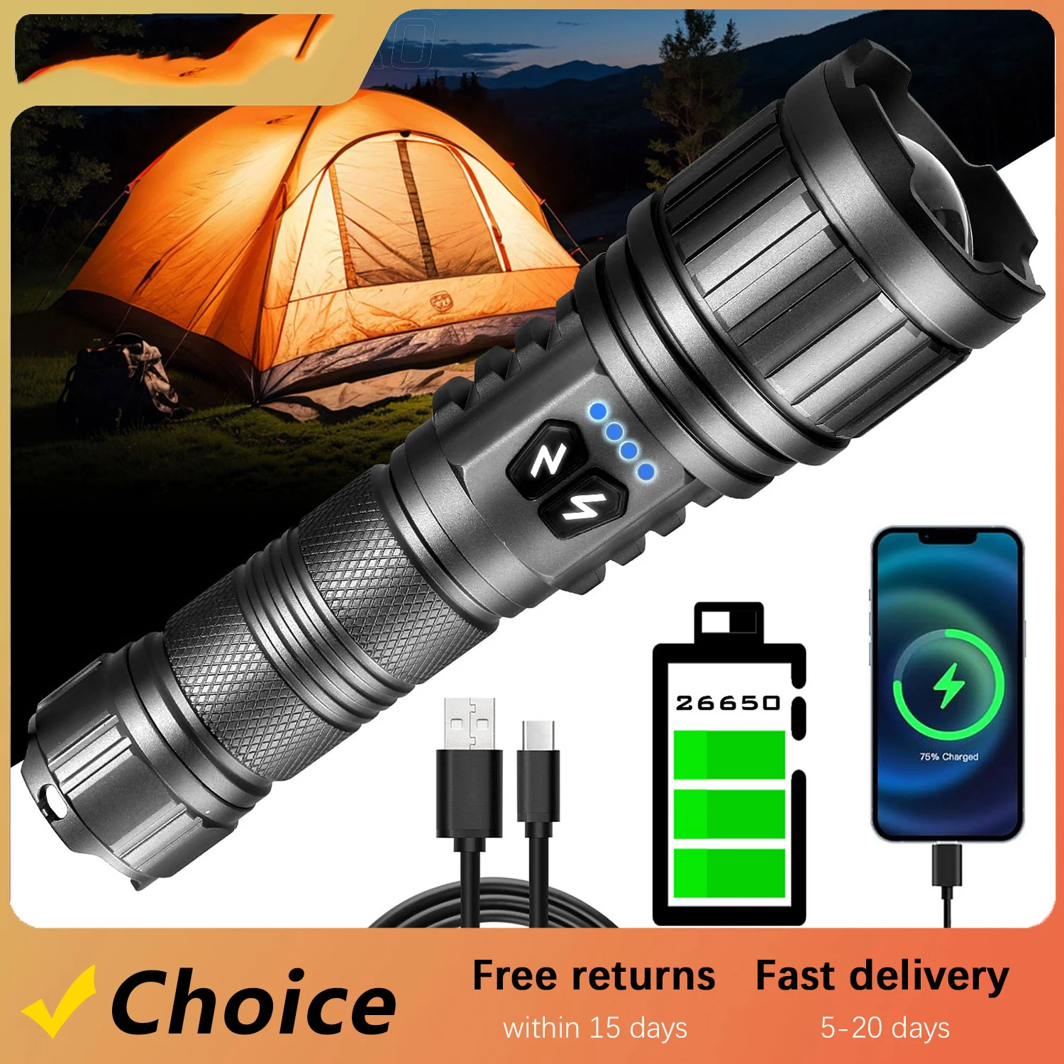 

Telescopic Zoom High Hardness Aluminum Alloy Flashlight Portable Rechargeable Waterproof Torch With Power Display For Outdoor