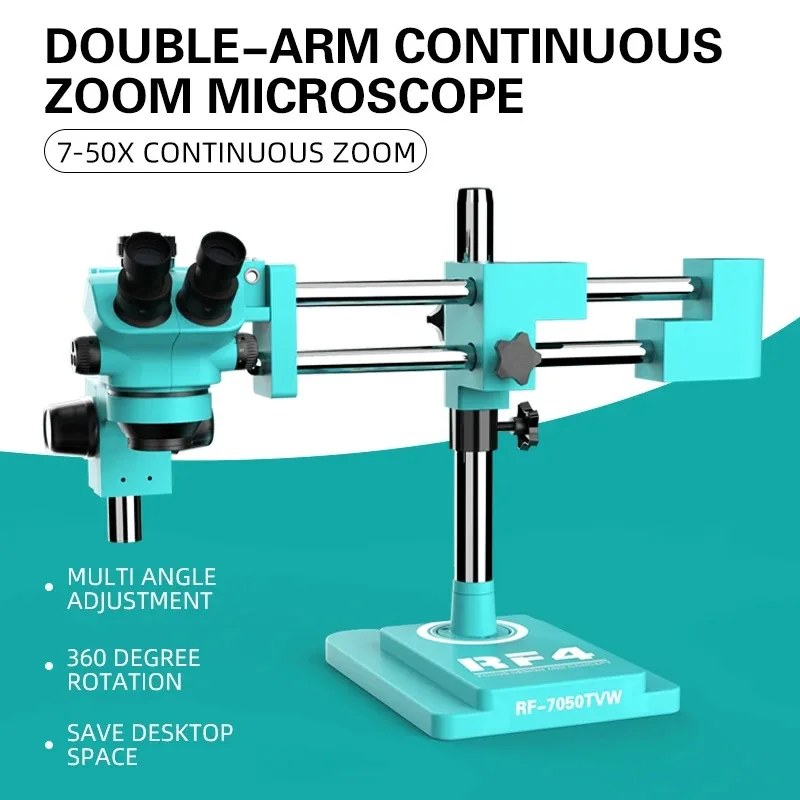 RF4 Double Boom Bracket Arm 7-50X Zoom Industry PCB Soldering Lab Detection Simul Focal Trinocular Stereo Microscope RF7050TVW