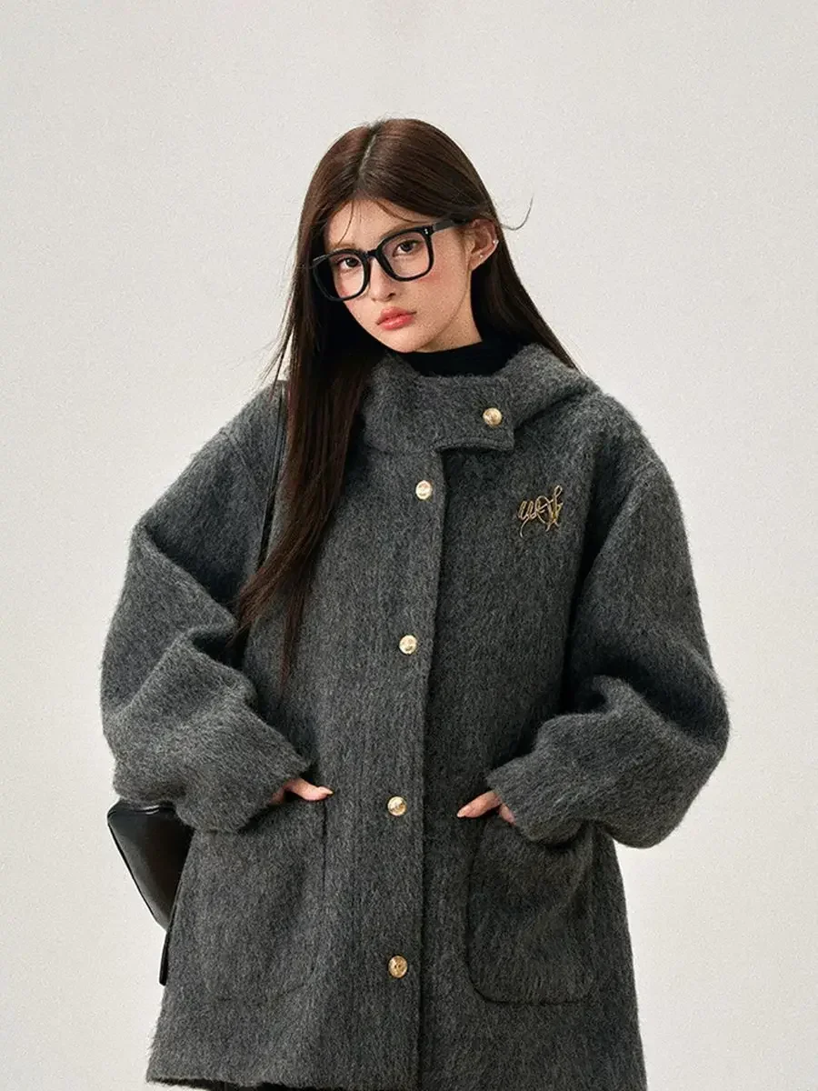 Winter Coat Women Clothing New Korean Loose and Lazy Woolen Coat Gray High-end Temperament Hooded Jacket Women Winter Clothes