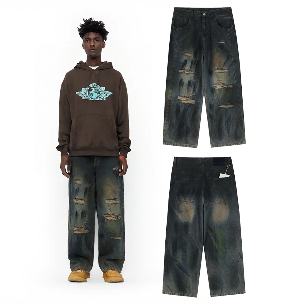 

Y2k Хип-Хоп Уличная Одежда Рваные Ретро Уличный Стиль Тяжелые Хлопковые Джинсы Рваные Джинсы Мужская Одежда Повседневная Японский Стиль 2000-х