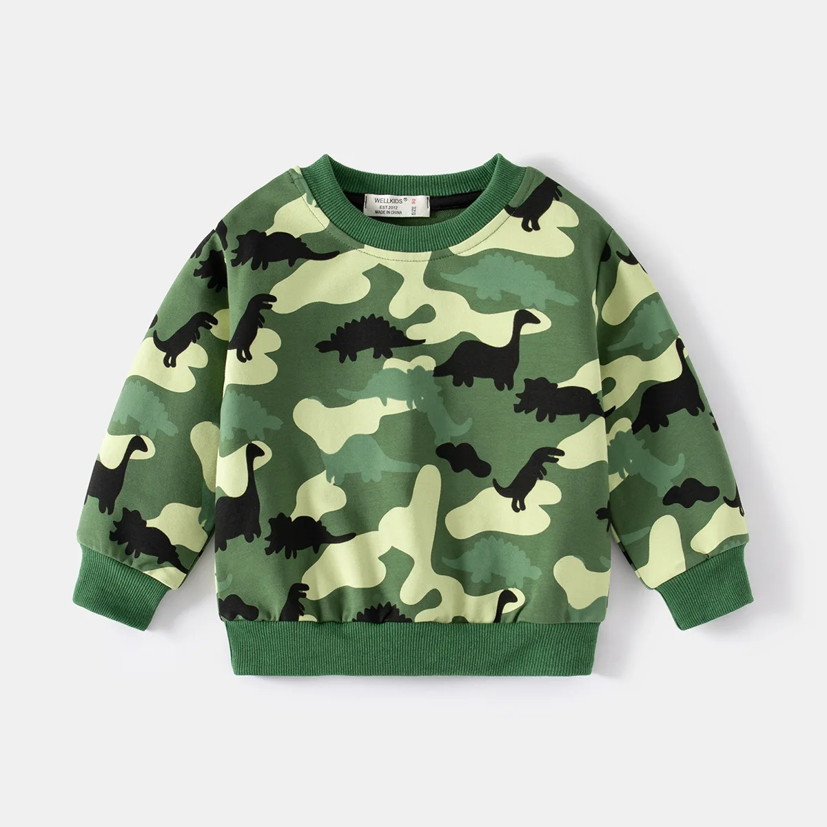 Spring Autumn Boys' Round Neck Sweatshirt Long Sleeve Stylish Sports Dinosaur Printed Pullover Tops Ages 3-8 , Camouflage Color