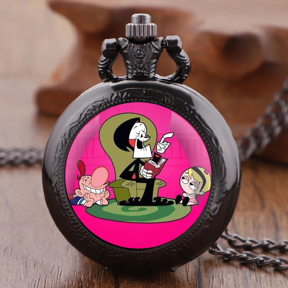 Cartoon Billy e Mandy Glass Dome Quartz Pocket Watch With Durable Chain Arabic Numeral Dial Halloween Gifts for Men Women Kids