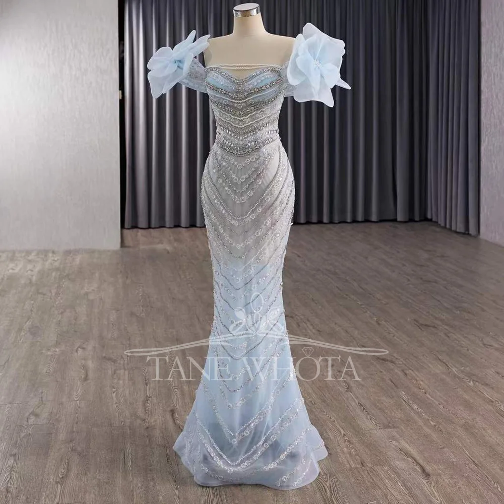 Sweetheart Off Shoulder Blue Evening Dress Detachable Train 2 In 1 Lace-Up Back Beading Crystal Customizable Women's Prom Gown