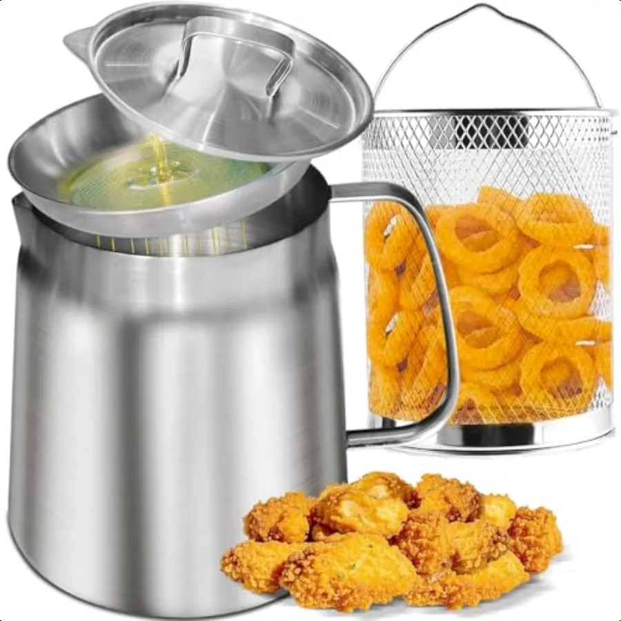 

68 Oz Stainl Steel Frying Pot and Oil Storage Container with Fine Mesh Oil Filter Fry Basket and Lid for Kitchen