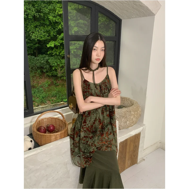 Green Elegant Party Dresses Sling Women's Clothing Dress Sexy Printing Irregular Korean Fashion Retro Summer Long Ball Dress