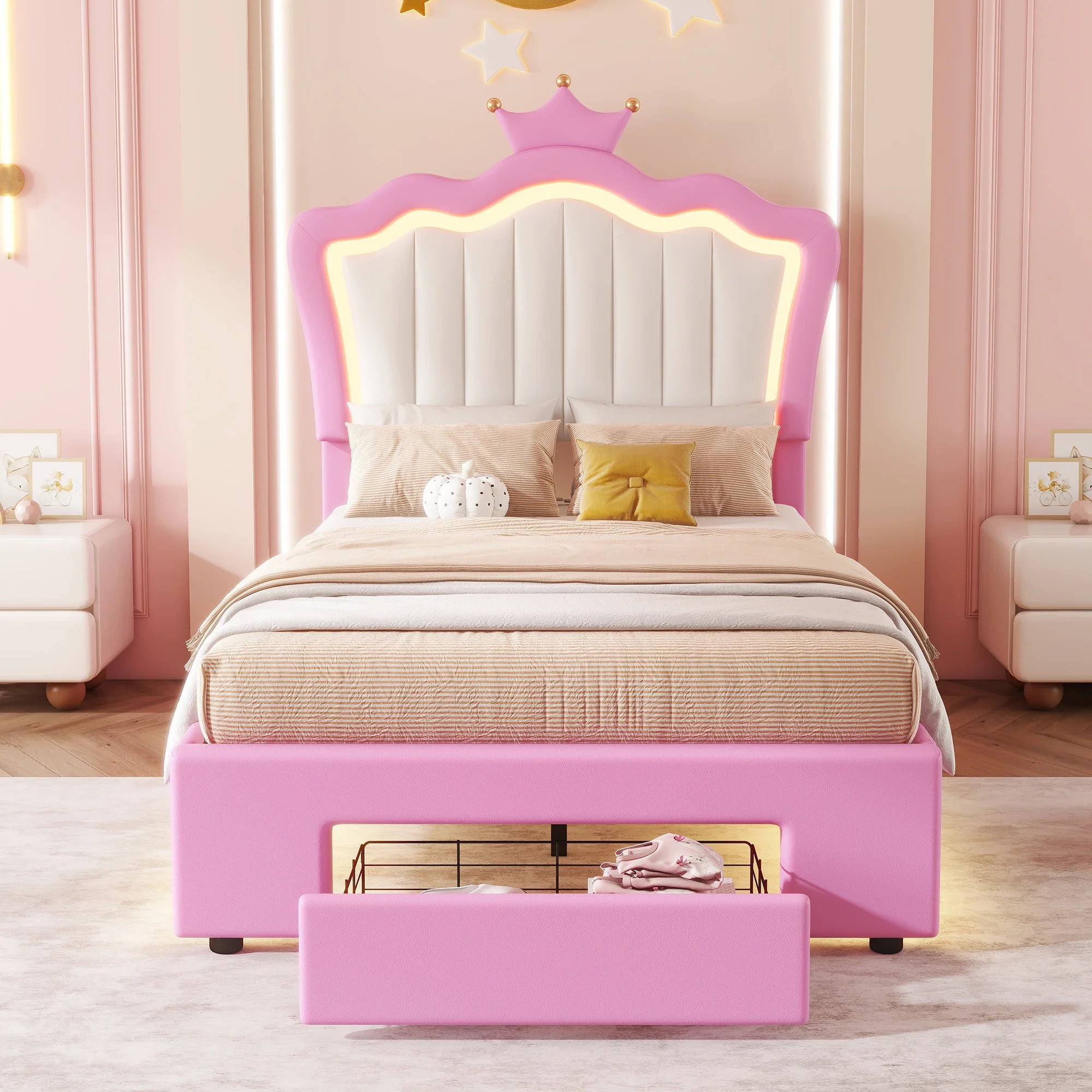 Modern pink princess girl bed with tufted headboard, bedside storage drawers, upholstered children's bedroom