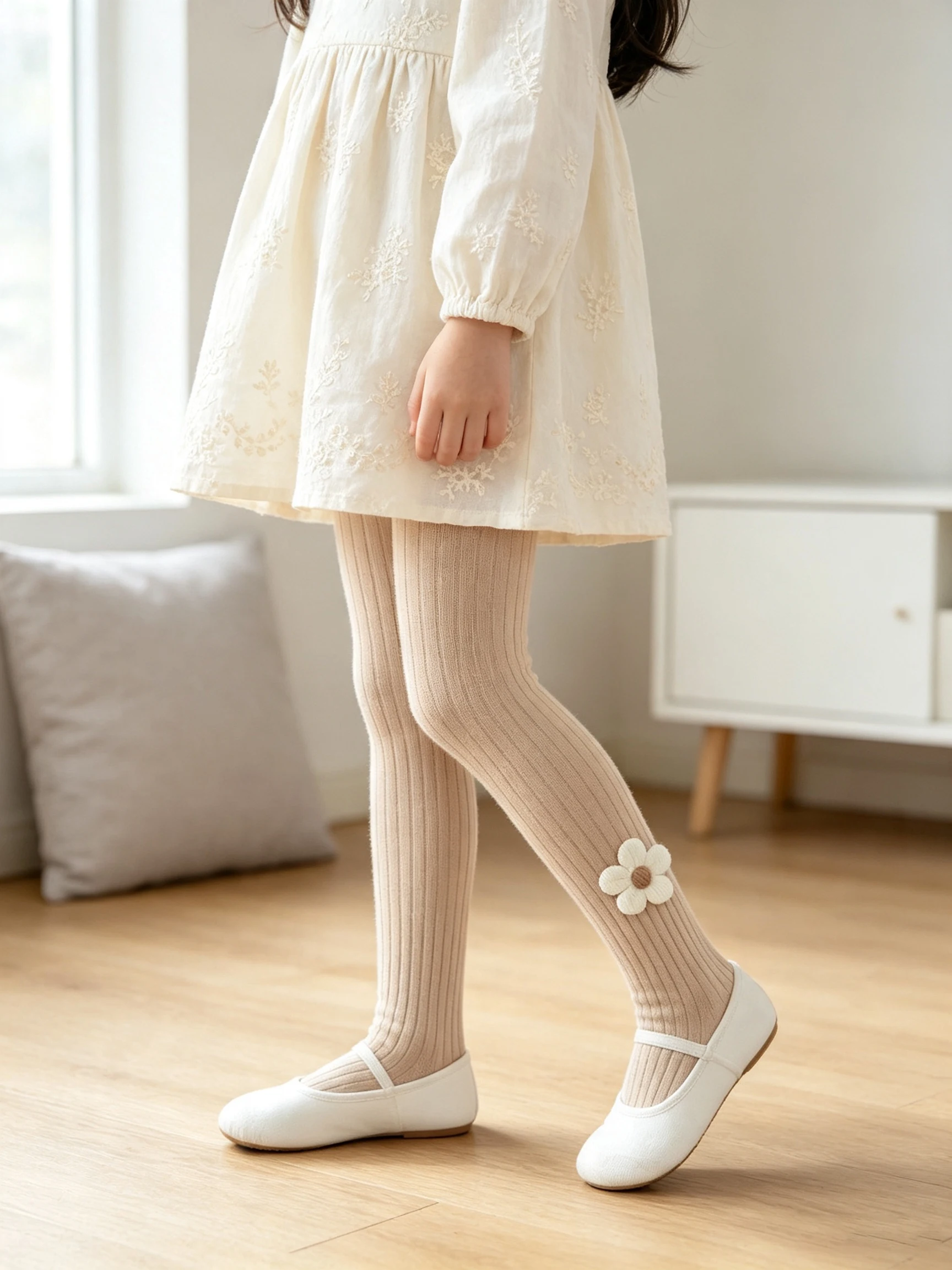 5Pcs Girls 3D Flower Ribbed Tights Soft Elastic Nylon Pantyhose Breathable Kids Lolita Dress Leggings Socks For 2‑11Y All Season