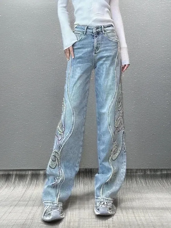 

Spring 2026 New Style Casual Heavy Embroidery Rhinestone Denim High Waist Slim Wide Leg Pants Women's Fashion Trend