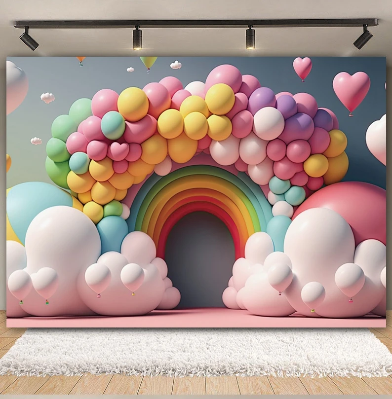 Newborn Baby Girl 1st Birthday Party Backdrop Photography Colorful Balloon Arched Door Baby Shower Cake Smash Photo Background