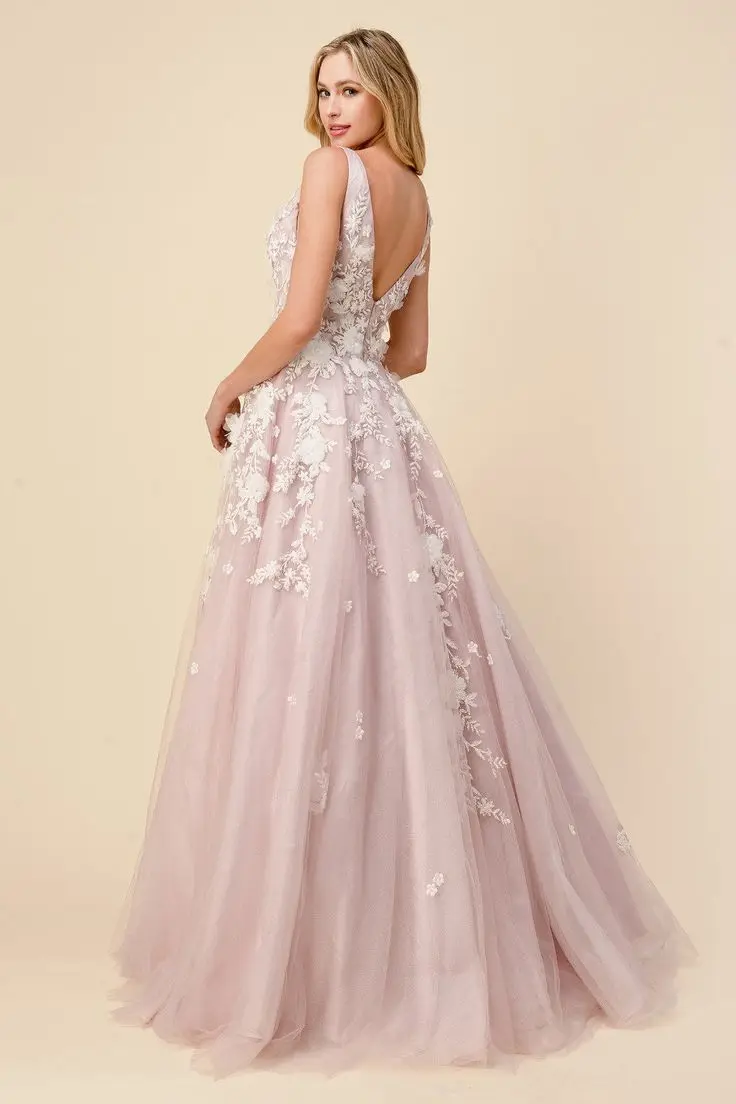 Robe de soirée en tulle bleu et rose avec paillettes, appliques en dentelle florale ivoire, col en V, longueur au sol, fermeture éclair, Rhde fin d'année