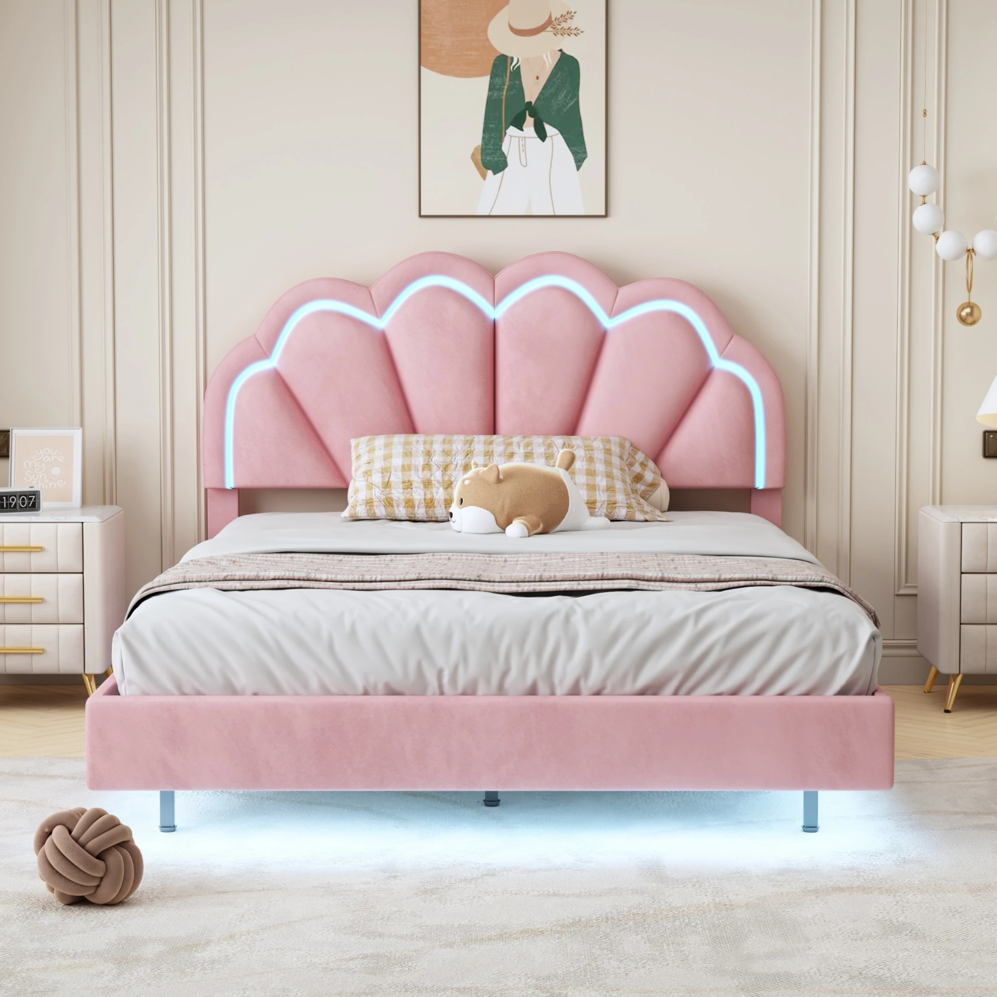 140x200cm Samt Doppelbett rahmen mit LED-Licht, Kinder bett Bett rahmen, Schlafzimmer möbel, Bett